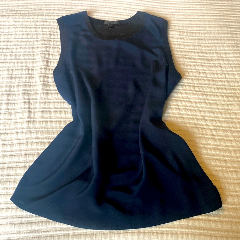 J Crew silk & linen sleeveless top, dark blue front, black on back.